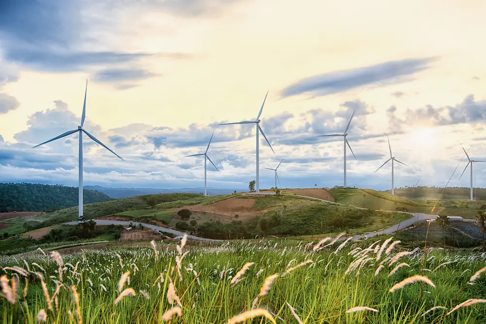 Varios molinos de viento sobre verdes colinas de hierba crecida